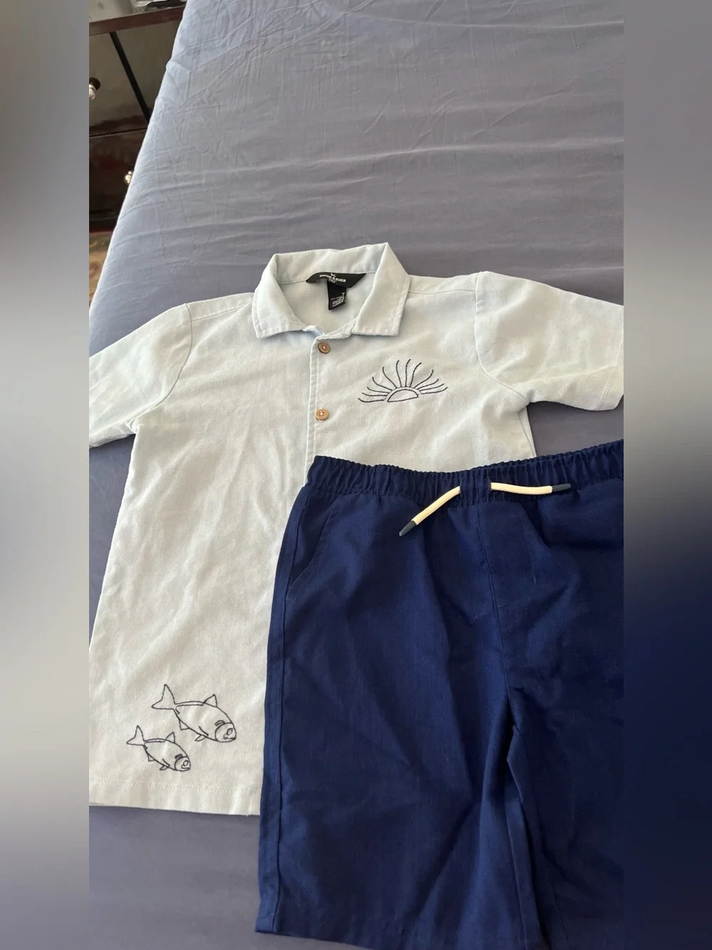 Eddie Bauer Light Blue Embroidered Shirt & short for boys size 7